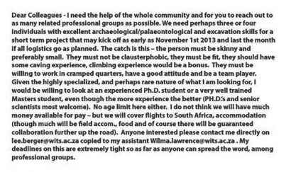 Lee Berger's call for applicants -- image via the American Association of Physical Anthropologists